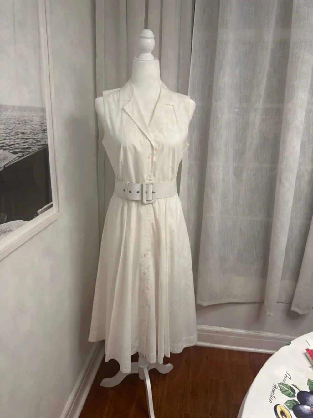J. Crew Classic Sleeveless White Cotton Button-Front Midi Dress with Wide Belt - Picture 2 of 6